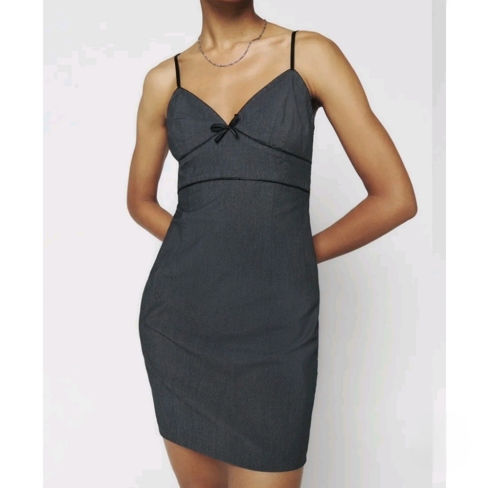 Express Bodycon Dress Womens 14 Gray Mini Bow V Neck Y2K 2000s Sexy